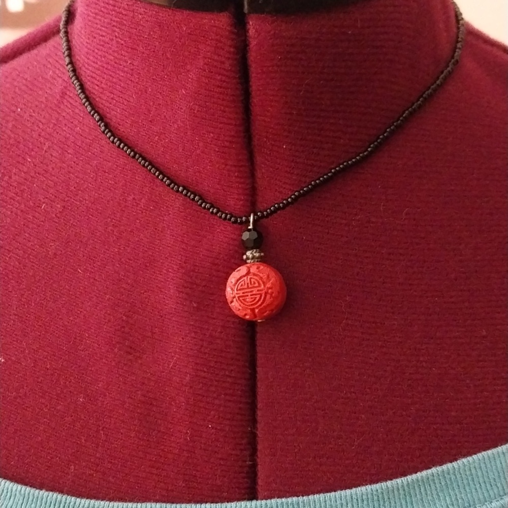 Vintage Chinese Red Carved Cinnabar Necklace -Black Onyx Beads-16"
